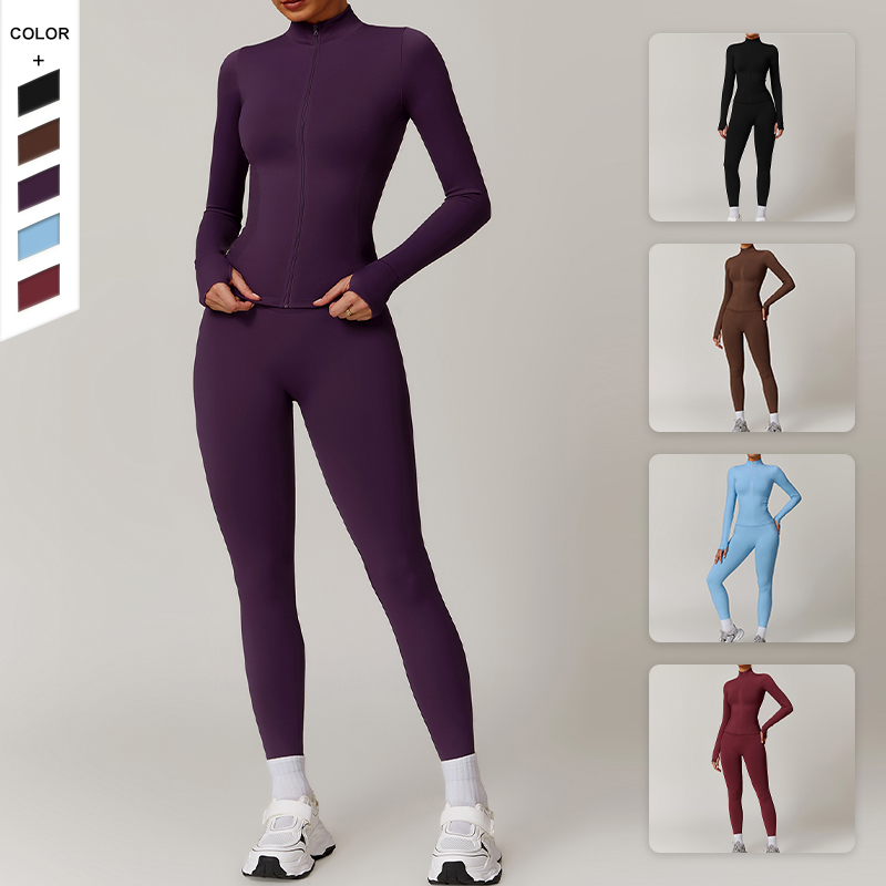 New Standing Collar Nude Full-Zipper Windproof Yoga Vest Suit Jacket  High Waist Hip Lift Push-Up  Fitness Pants Leggings Set