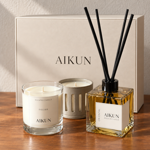 Ensemble cadeau de bougie parfumée et diffuseur à bâtonnets en verre coordonnés avec logo personnalisé Aikun, emballage en boîte de marque pour cadeaux d'entreprise - Product Image 1