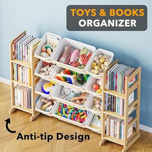 Boîte de <span class=keywords><strong>rangement</strong></span> de jouets avec 6 étagères et 12 poubelles Bibliothèque de bibliothèque Support de poubelle pour enfants - Product Image 5
