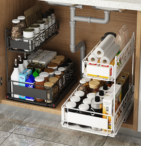 Kitchen Under Sink Organizer Iron Paint 2-layer L-shaped with Rail Pull-out Under Sink Shelf Storage for Bathroom Kitchen