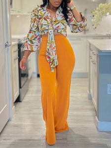 Conjunto de 2 Piezas para Mujer, Estilo Casual Europeo Americano, Camisa Holgada con Cuello en V y Estampado Otoñal, Transpirable, de Manga Larga, y Pantalones Anchos - Product Image 3