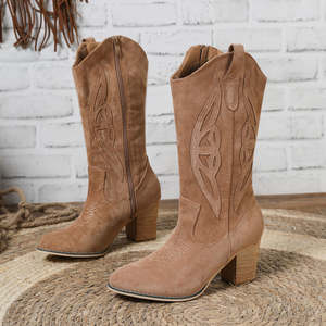 Autumn Winter Women's Retro Western Cowboy Boots <b>Pointed</b> Embroidery Side Zipper Thick <b>Heel</b> Knee-High High <b>Heel</b> Boots - Product Image 3