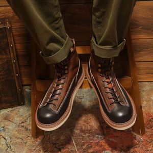 Casual Boots for Men Genuine Leather Work Boots Retro Style Warm & <b>Height</b> <b>Increasing</b> Black British Style Color-Block Trendy - Product Image 3