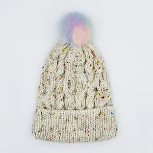 Kinder Meisje Nieuwe Stijl Oem Aanpassen Populaire White Space Dye Multicolor Yam Basic Checked Regenboog Pom Pom Beanie Gebreide Muts