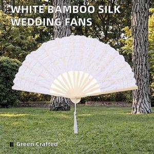 Elegantes Abanicos Plegables de Seda de Bambú Blanco, Arte Popular Ecológico, Regalo de Boda con Diseño Floral Grabado Personalizado - Product Image 2