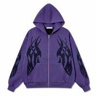Sweat à capuche zippé intégral pour homme, imprimé graphique, 450 GSM, délavé à l'acide, avec strass et ourlet brut, style mode urbaine, fournisseur d'usine personnalisé