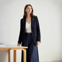 Blazer bleu marine avec garniture marron femmes veste à revers simple boutonnage élégant poches plaquées bureau vêtements d'extérieur décontractés