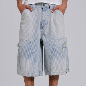 Pantalones cortos <span class=keywords><strong>de</strong></span> carpintero para hombre con rayas finas, doble rodilla, efecto salpicado <span class=keywords><strong>de</strong></span> pintura, desgastados, holgados, hasta la rodilla, con diseño a mano y lavado. - Product Image 5
