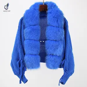 Ladies Winter Fashion Knitwear Luxury Soft Women Winter Sweater Dresses With Fox Fur Collar