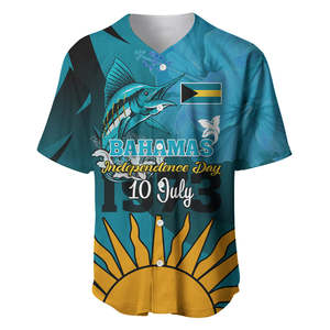 Camiseta de Béisbol del Día de la Independencia de las Bahamas, 10 de Julio, con Estampado Personalizado de la Bandera de las Bahamas, Pez Marlín Azul Bahamense y Hibisco - Product Image 3