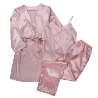 Moderne dreiteilige Satin rosa Langarm Baumwolle Home Service Anzug Frau im Pyjama