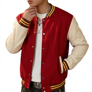 Blouson universitaire unisexe rouge avec bandes jaunes sur les manches, col en V, simple boutonnage, réversible, coupe-vent, pour l'hiver décontracté - Product Image 1