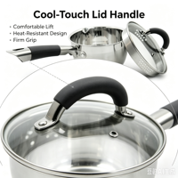 Ensemble d'ustensiles de cuisson haut de gamme en acier inoxydable, comprenant une casserole à lait et une casserole, compatible induction et gaz, passe au lave-vaisselle, poignées en silicone doux au toucher, couvercles en verre.