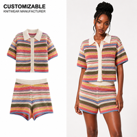 Ensemble haut et short en tricot crocheté pour femme, col polo, rayé, manches courtes, streetwear décontracté, été, vente en gros directe d'usine