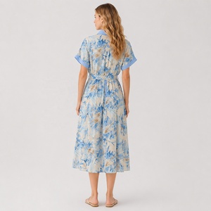 <span class=keywords><strong>Abito</strong></span> chemisier lungo professionale in <span class=keywords><strong>lino</strong></span> blu con stampa floreale da donna, a maniche corte, abbottonato, con tasche e cintura, ecologico - Product Image 4