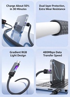Kabel Pengisian Cepat USB C ke USB C 100W, Kabel Data Tipe C Berjalin dengan Lampu LED Warna-warni untuk Ponsel dan Tablet