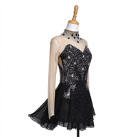 Robe de patinage et de danse noire pour enfants et adultes, col montant, manches longues en maille, dos découpé avec strass, pour compétition et spectacle de patinage sur glace