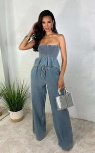 Femmes taille haute mode Denim 2 pièces ensemble ourlet plissé élastique haut sans bretelles exposé nombril large jambe pantalon <span class=keywords><strong>jean</strong></span> décontracté Logo - Product Image 2