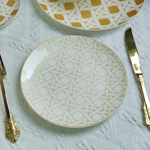 Rimmed Dinner Plates <b>Dinnerware</b> <b>Set</b> Gold Royal Bone 5-pcs <b>Set</b> with Logo Country Ceramic Business Gifts Dinner <b>Set</b> - Product Image 5