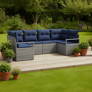 Conjunto de Sofá de Jardín de Ratán Sintético Gris con Cojines, Muebles de Exterior de Diseño Contemporáneo, 6 Plazas - Product Image 2