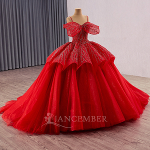 Robes de mariée élégantes à épaules dénudées, en dentelle rouge perlée avec appliques, pour la mariée, robes de mariée à volants, Vestido De Noiva Rsm251019 - Product Image 2