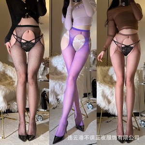 Sexy <b>fishnet</b> rhinestone stockings with four-way crotch opening, perfect for a night out; flirty, no-take-off, club-ready - Product Image 1