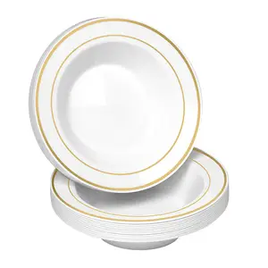 12 oz tigelas de plástico descartáveis, potes elegantes para festa de casamento, jante dourada, salada de sopa, sobremesa