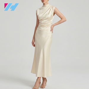 Ensemble jupe en satin pour <span class=keywords><strong>femme</strong></span>, tenue 2 pièces, haut à col haut, jupe longue, ensemble élégant assorti - Product Image 1