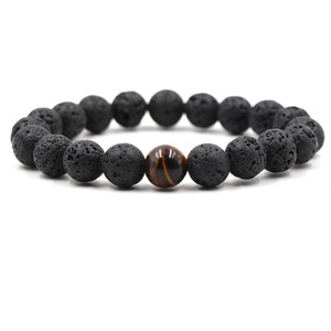 10MM yeux de tigre naturels et bracelets perlés volcaniques de lave pour hommes Bracelets de diffuseur d'<span class=keywords><strong>huile</strong></span> <span class=keywords><strong>essentielle</strong></span> parfumés à la lave noire - Product Image 2