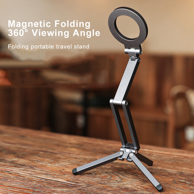 Foldable Strong Magnetic Phone Holder Retractable Height Adjustable 360 Degree Rotatable Tripod Phone Stand for Live Streaming