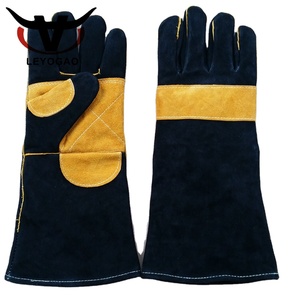 Gants de soudage 16 pouces noirs et bleus, longs, imperméables, épais, en <span class=keywords><strong>cuir</strong></span> de vachette pleine fleur, pour soudage TIG MIG, gants de sécurité pour soudeurs - Product Image 1