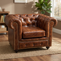 Canapé Chesterfield une place en cuir véritable, dossier capitonné, accoudoirs roulés, pieds en bois massif, fauteuil lounge vintage pour chambre à coucher