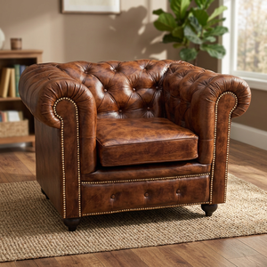 Chesterfield Single Seater Genuine Leather Sofa Tufted Backrest Rolled Arms Solid Wood Legs Vintage Lounge Chair for Bedroom - Product Image 2