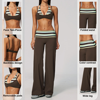 Ensemble de fitness pour femme, doux et à séchage rapide, comprenant un soutien-gorge de sport dos nu effet deux pièces avec coussinets amovibles et un pantalon de yoga à taille repliée et jambes larges