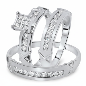 Bague Trio exclusive pour femme sertie d'un véritable diamant rond taille brillant en serti à griffes en or blanc 14 carats à la meilleure offre - Product Image 2