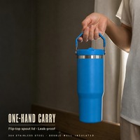 Bouteille isotherme en acier inoxydable de 30 oz avec couvercle à paille rabattable, anti-fuite, thermique, avec poignée de transport, thermos