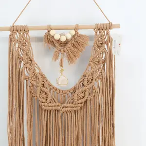 Macrame gantungan dinding permadani poliester tenunan tangan dengan ornamen dekorasi batu berwarna untuk rumah