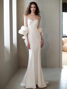 Hiện Đại Ngọc Trai Tự Nhiên Nàng Tiên Cá Tầng Chiều Dài Thai Sản Đám Cưới Strapless Ngà Satin Bridal Gowns Boho Cô Dâu Tiếp Tân Dubai Saudi - Product Image 6