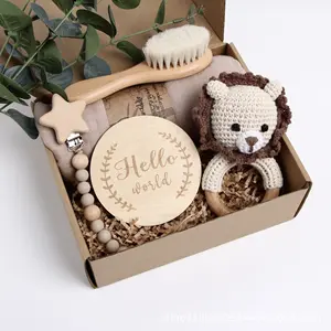 Baby Crochet Wooden Rocking Bell Set Gift Box Pacifier Chain With Blanket Milestone Silicone Baby Teethers Gift Set