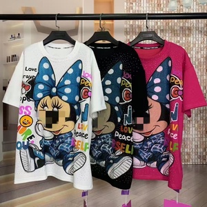 Maglia pesante Plus Size cotone 100 di alta qualità strass Cartoon <span class=keywords><strong>donne</strong></span> T-shirt OC997 - Product Image 1
