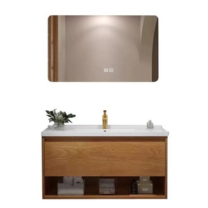 Meuble de salle de bain mural en bois massif avec vasque intégrée en céramique composite et miroir multifonctionnel - Product Image 6