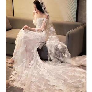 Nouveau voile français en dentelle de fleur d'ananas, luxe Flash perceuse Extra longue queue voile doux de mariée Super fée blanc <span class=keywords><strong>Vintage</strong></span> perle voile - Product Image 5