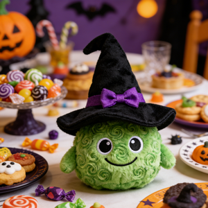 כובע מכשפות מקסים כדור קטיפה ירוק מושלם לקישוט מסיבת ליל כל הקדושים לילדים תפירה משובחת מילוי שמנמן - Product Image 3