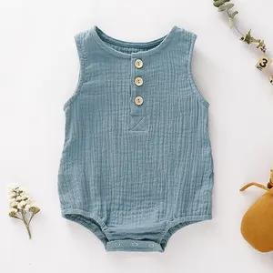 Anpassen Baby kleidung Neugeborene ärmellose Jumps uit Säugling Bio-Leinen Baumwolle Bodysuit Button Design Baby Stram pler