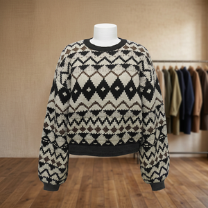 Pull en tricot à motif géométrique court pour femme, col rond, manches longues, pull décontracté d'hiver - Product Image 3