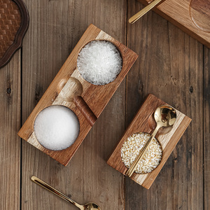 Acacia Wood Seasoning <b>Tray</b> With Spoon Two Compartments Japanese Style Serving Dish For Hotel Coffee <b>Tea</b> - Product Image 1