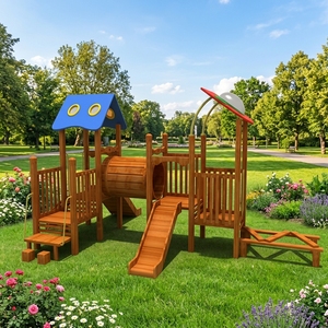 Struttura per Arrampicata in Legno Massiccio a Tema Avventura con Ostacoli, Parco Giochi Esterno con Ponte Oscillante, Rete e Scivolo per Bambini - Product Image 1