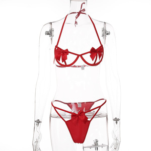 Completo intimo sexy da donna in pizzo <span class=keywords><strong>rosso</strong></span> <span class=keywords><strong>trasparente</strong></span> con fiocchi colorati, set <span class=keywords><strong>reggiseno</strong></span> e slip a due pezzi, per un look seducente. - Product Image 3