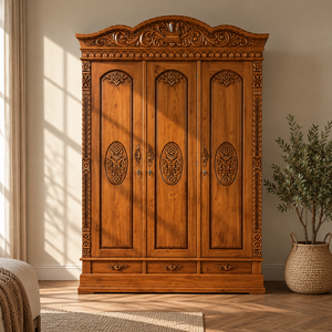 Traditional Custom Made 3 <b>Door</b> Solid Wood Freestanding <b>Wardrobe</b> with Carved Panels Lockable <b>Hinged</b> <b>Doors</b> for Bedroom Furniture - Product Image 1