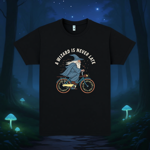 T-shirt Wizard Bike nera unisex per adulti taglia media con stampa grafica dal design fantasy - Product Image 3